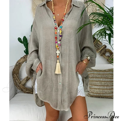 Gown Office Robe Linen Lapel Lady Long Vestidos Blouse Cotton Tunic Casual Women Solid Work Blouses