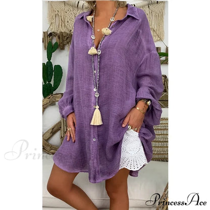 Gown Office Robe Linen Lapel Lady Long Vestidos Blouse Cotton Tunic Casual Women Solid Work Blouses