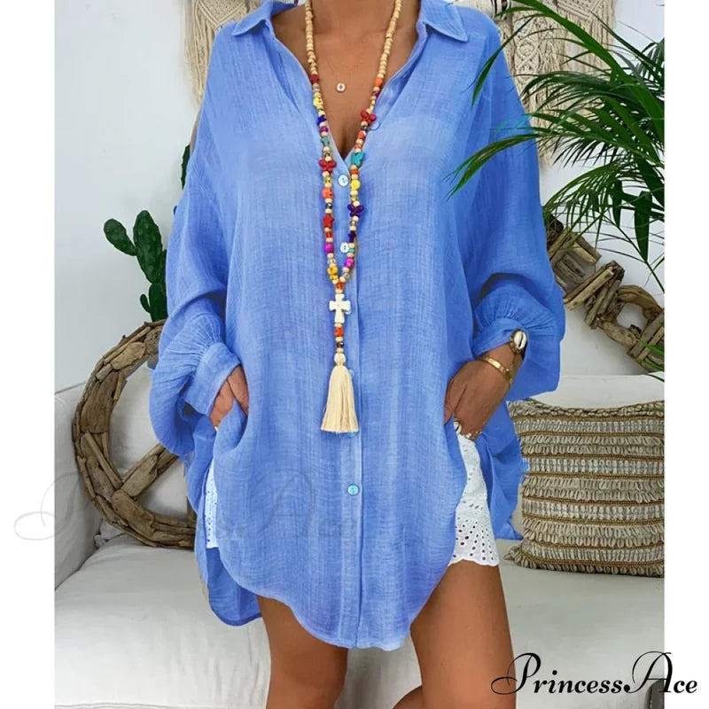 Gown Office Robe Linen Lapel Lady Long Vestidos Blouse Cotton Tunic Casual Women Solid Work Blouses