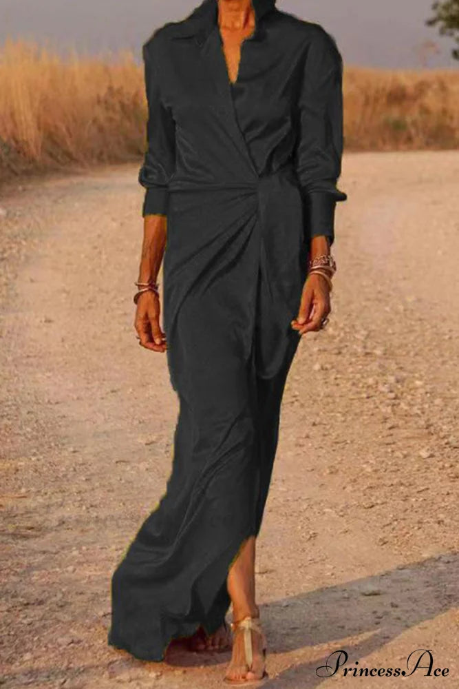 Gown Patchwork Blouse Bandage With Turndown Casual Solid Collar Black / S Dresses/Maxi Dresses