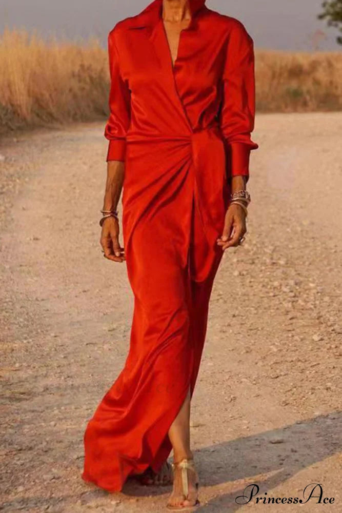Gown Patchwork Blouse Bandage With Turndown Casual Solid Collar Red / S Dresses/Maxi Dresses