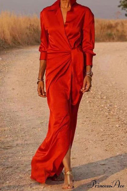 Gown Patchwork Blouse Bandage With Turndown Casual Solid Collar Red / S Dresses/Maxi Dresses