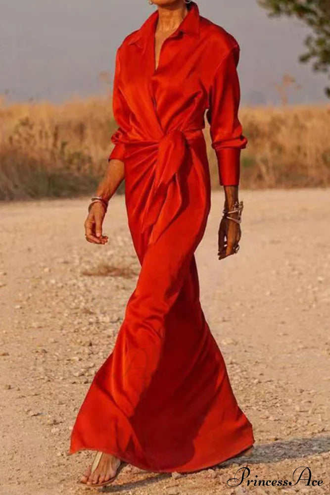 Gown Patchwork Blouse Bandage With Turndown Casual Solid Collar Dresses/Maxi Dresses