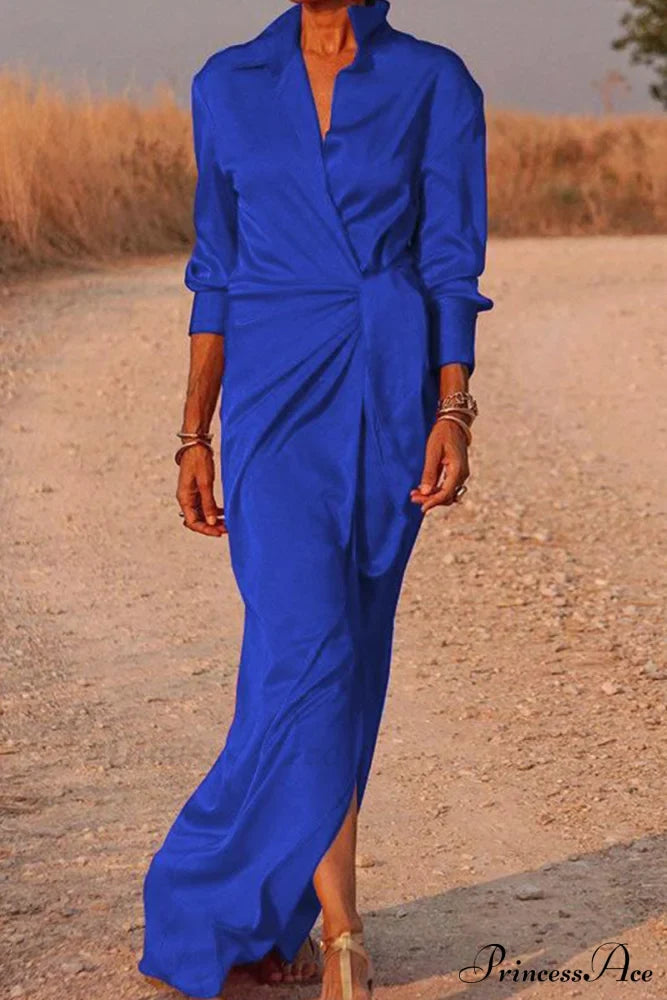 Gown Patchwork Blouse Bandage With Turndown Casual Solid Collar Blue / S Dresses/Maxi Dresses