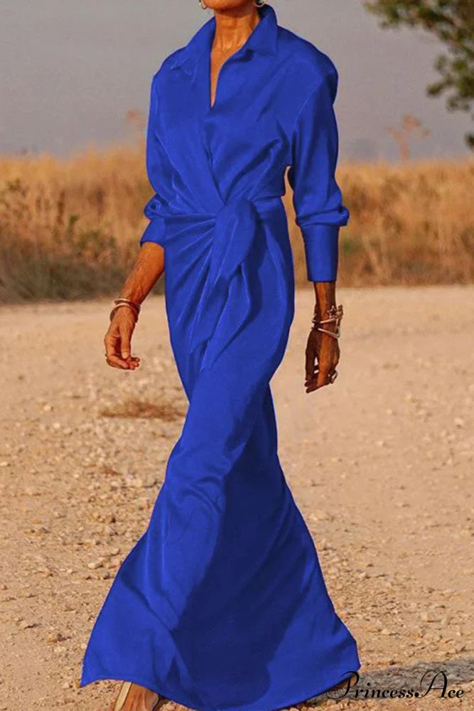 Gown Patchwork Blouse Bandage With Turndown Casual Solid Collar Dresses/Maxi Dresses