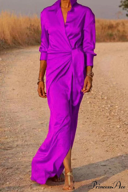 Gown Patchwork Blouse Bandage With Turndown Casual Solid Collar Purple / S Dresses/Maxi Dresses