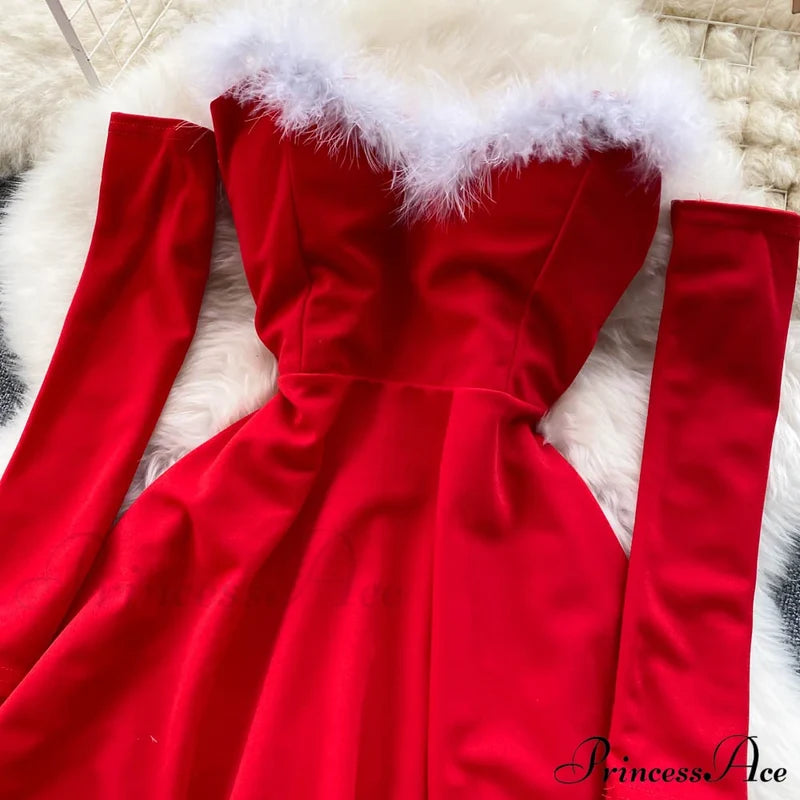 Gown Red For Backless Furry Strapless Elegant - Women Party New Year/Christmas/Femme