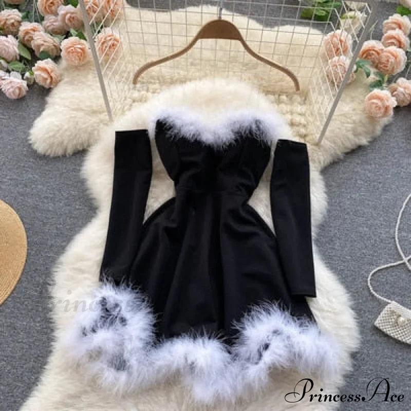 Gown Red For Backless Furry Strapless Elegant - Women Party New Year/Christmas/Femme Black / One