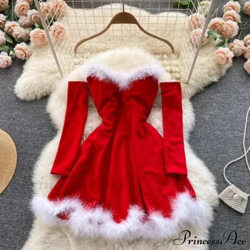 Gown Red For Backless Furry Strapless Elegant - Women Party New Year/Christmas/Femme / One Size