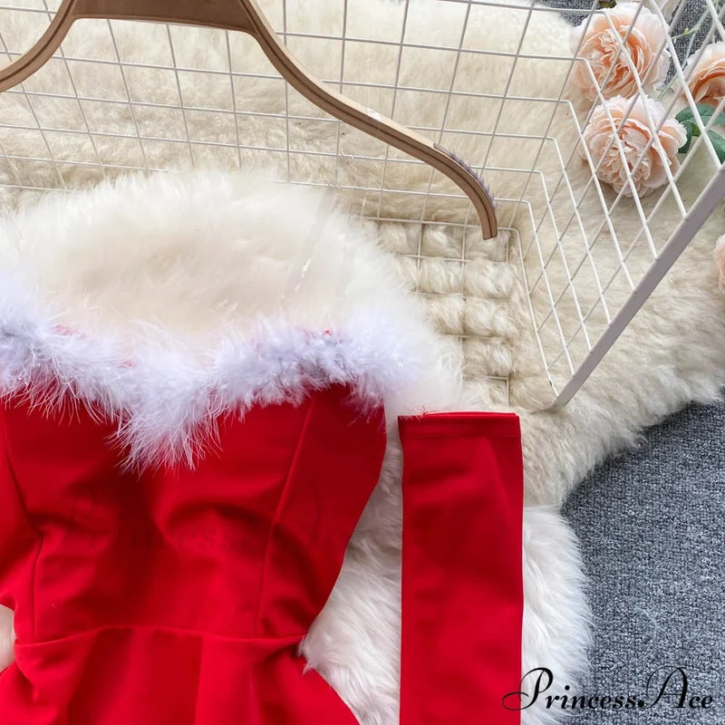 Gown Red For Backless Furry Strapless Elegant - Women Party New Year/Christmas/Femme