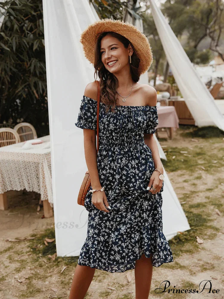 Gown With Brief Bohemian Arm Print M / Blue Print Dress