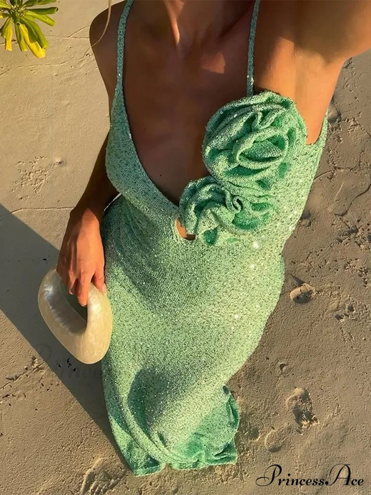 Green 3D Flower Charming Sequin Cami Maxi Dress Print Long