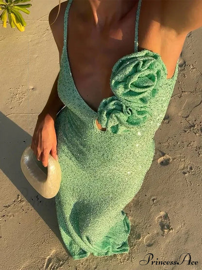 Green 3D Flower Charming Sequin Cami Maxi Dress Print Long