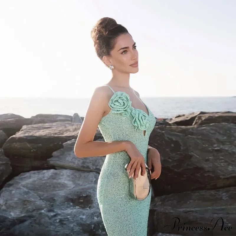 Green 3D Flower Charming Sequin Cami Maxi Dress Print Long