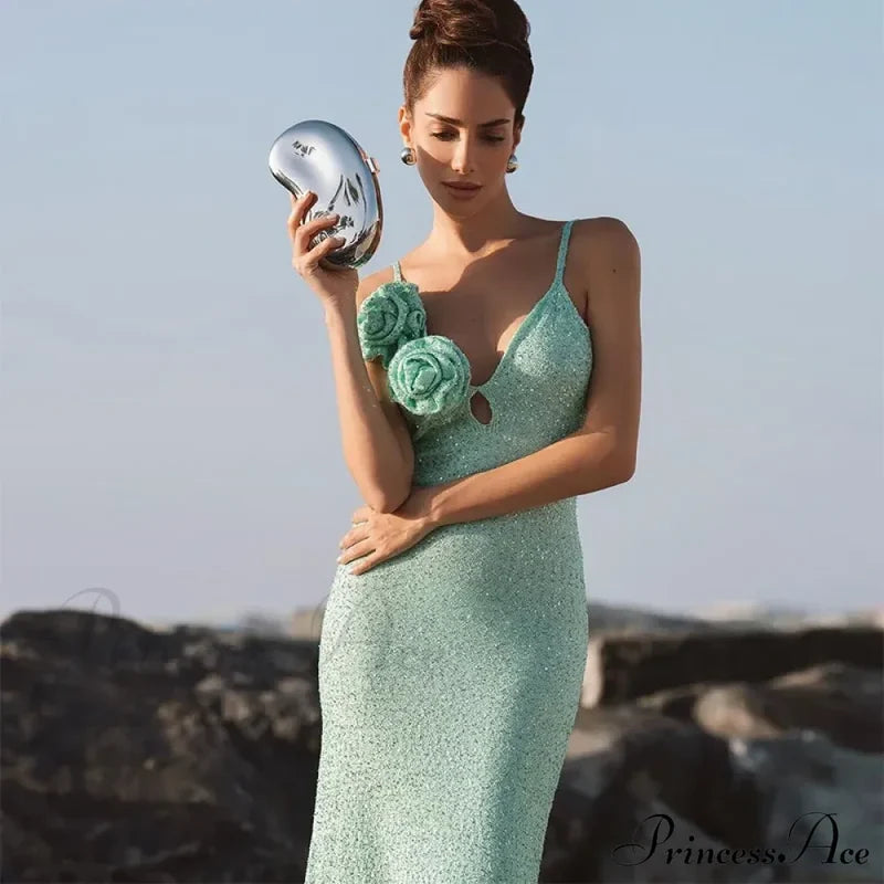 Green 3D Flower Charming Sequin Cami Maxi Dress Print Long