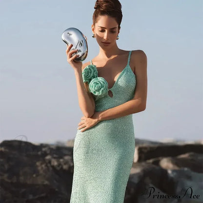 Green 3D Flower Charming Sequin Cami Maxi Dress Print Long