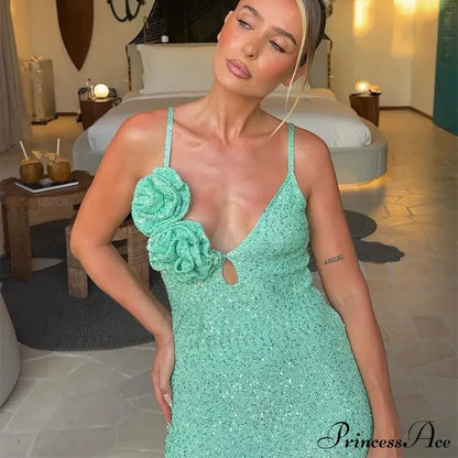 Green 3D Flower Charming Sequin Cami Maxi Dress Print Long