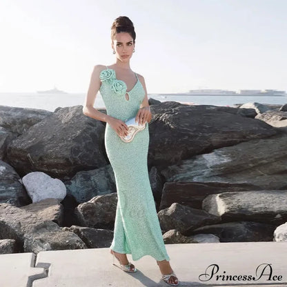Green 3D Flower Charming Sequin Cami Maxi Dress Print Long