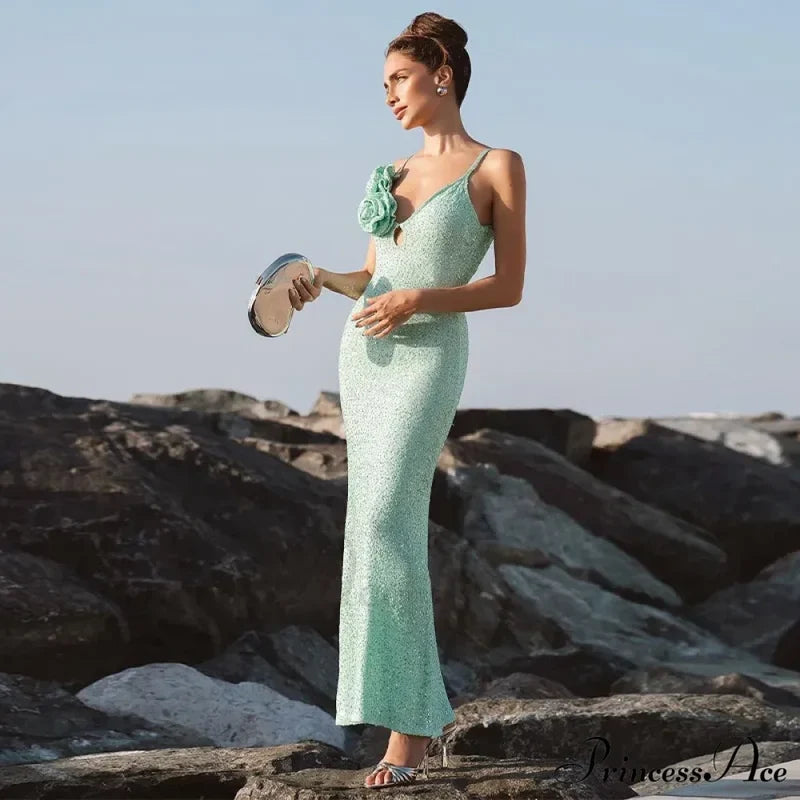 Green 3D Flower Charming Sequin Cami Maxi Dress Print Long