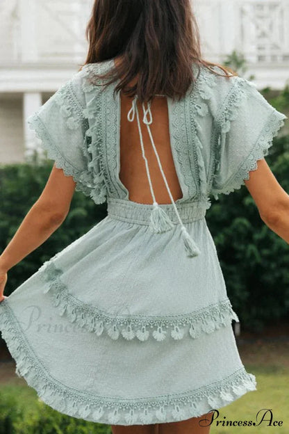 Green Lace Batwing Sleeve Backless Dress For Summer Casual Wear Cap Sleeve Lace Mini Dress