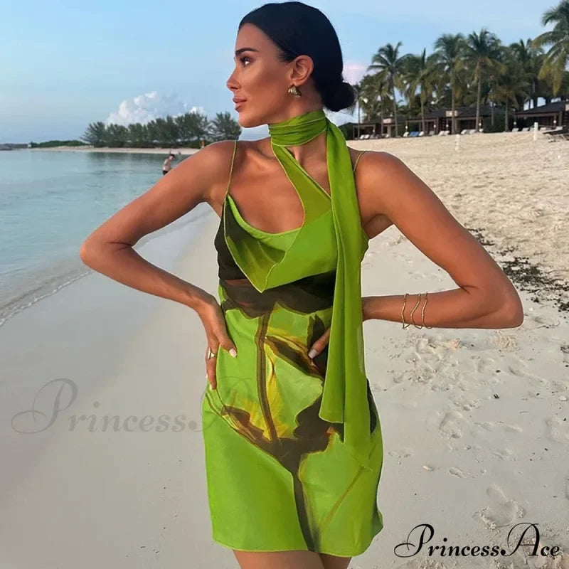 Green Mesh Printed Charming Draped Mini Dress Green / S