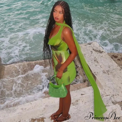 Green Mesh Printed Charming Draped Mini Dress