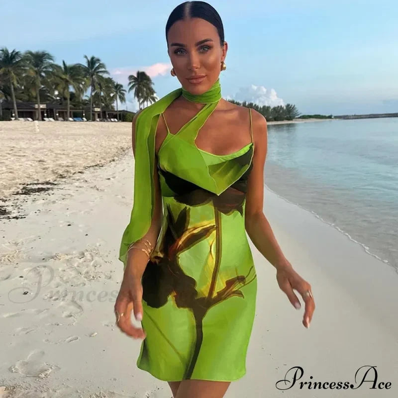 Green Mesh Printed Charming Draped Mini Dress Green / L
