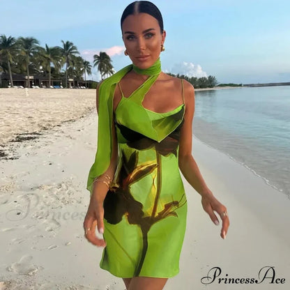 Green Mesh Printed Charming Draped Mini Dress Green / L