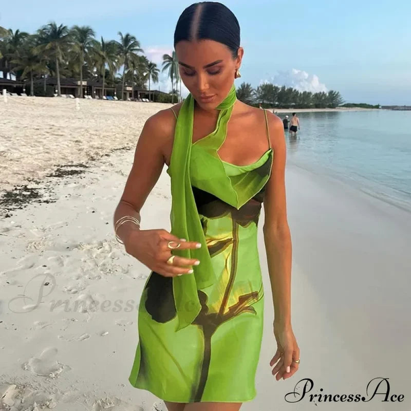 Green Mesh Printed Charming Draped Mini Dress