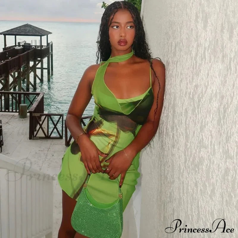 Green Mesh Printed Charming Draped Mini Dress