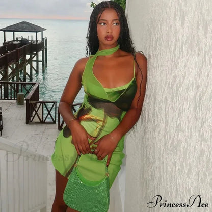Green Mesh Printed Charming Draped Mini Dress