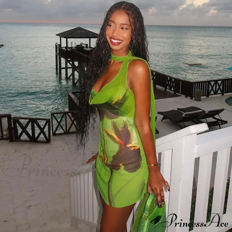 Green Mesh Printed Charming Draped Mini Dress
