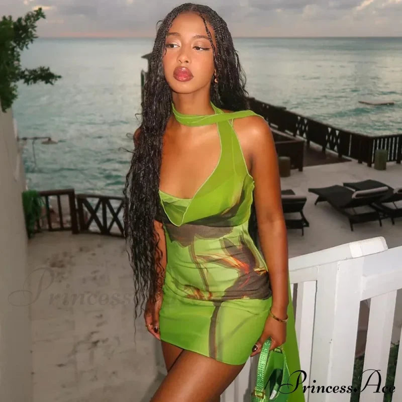 Green Mesh Printed Charming Draped Mini Dress
