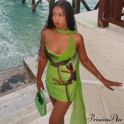 Green Mesh Printed Charming Draped Mini Dress
