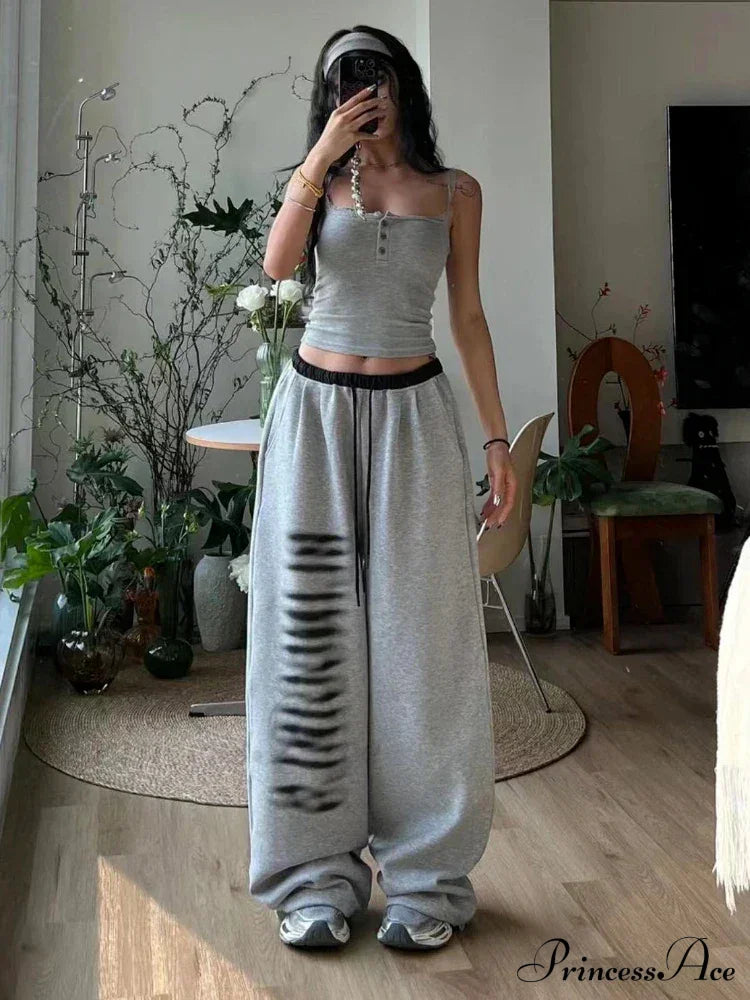Grey Baggy Stylish Slit Patchwork Sweatpants  Trousers