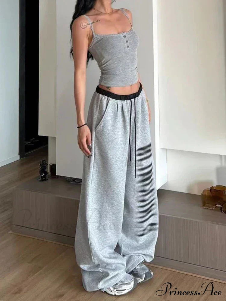 Grey Baggy Stylish Slit Patchwork Sweatpants  Trousers