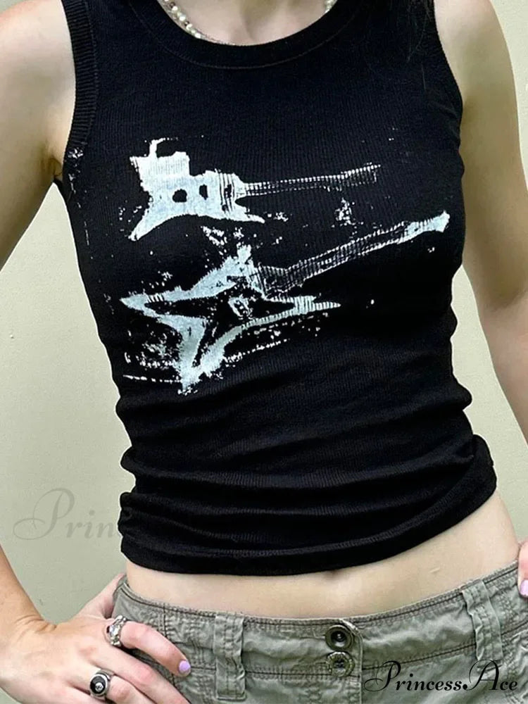 Guitar Print Sleeveless Y2K Casual Ribbed Women Crop Harajuku Fashion Vest 90S Street Outfits Tank