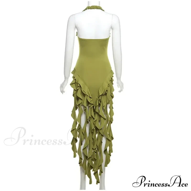 Halter Fringe Stylish Midi Dress Irregular Pleated Mini