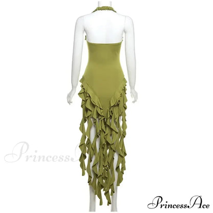 Halter Fringe Stylish Midi Dress Irregular Pleated Mini