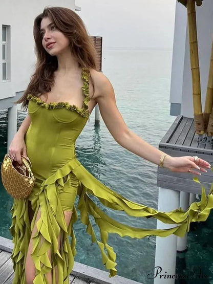 Halter Fringe Stylish Midi Dress Irregular Pleated Mini