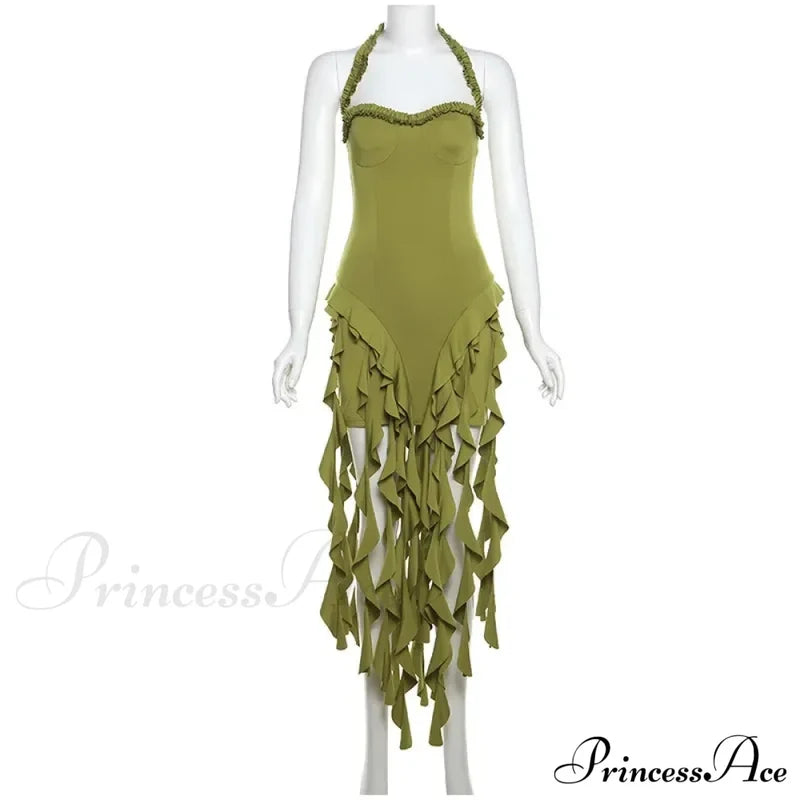 Halter Fringe Stylish Midi Dress Irregular Pleated Mini