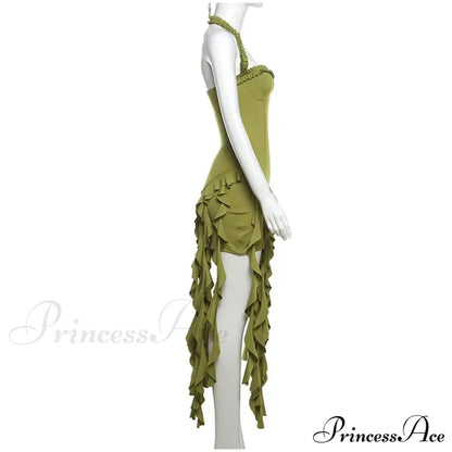 Halter Fringe Stylish Midi Dress Irregular Pleated Mini