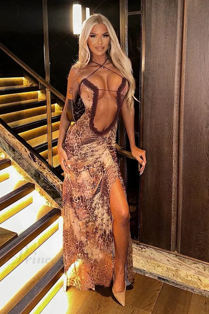 2024 Halter Neck Printed Maxi Mesh Hollow Out Sleeveless High Waist Split Elegant Y2K Par Cut Dress