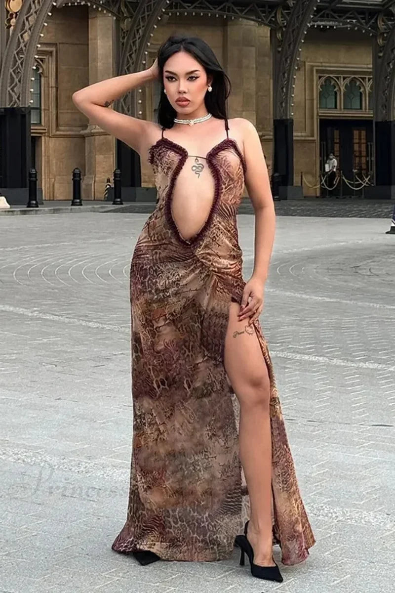 2024 Halter Neck Printed Maxi Mesh Hollow Out Sleeveless High Waist Split Elegant Y2K Par Cut Dress