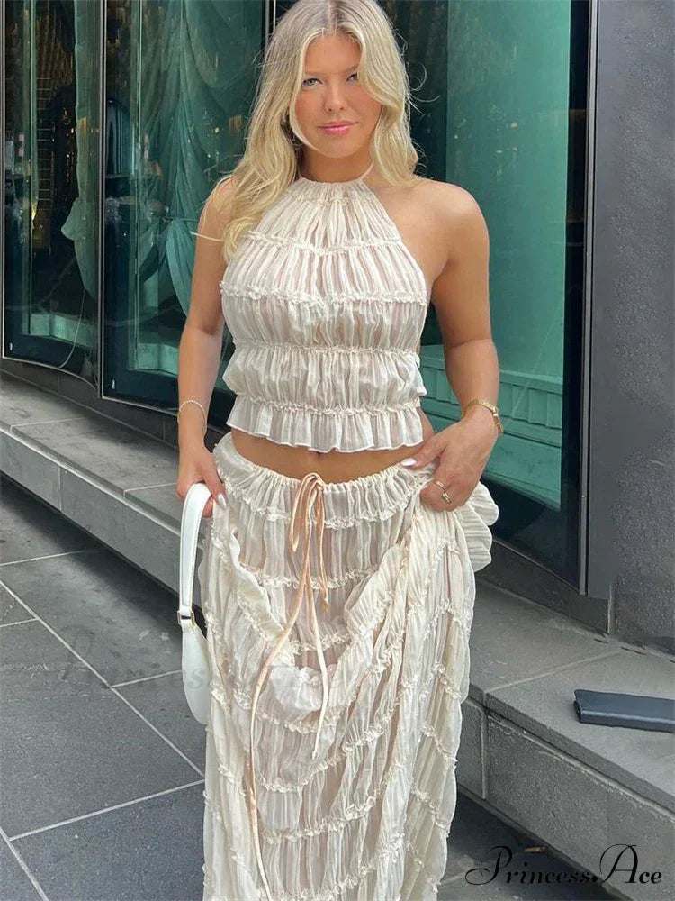Halterneck Ruched Open Back Tie Trendy Up Top And Maxi Skirt Set Long Suits