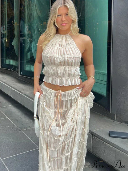 Halterneck Ruched Open Back Tie Trendy Up Top And Maxi Skirt Set Long Suits