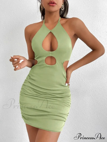 Hanging Neck Lace Up Bodycon Mini Sleeveless Hollow Backless Slim Fit Wrap Hip Cut Out Dress