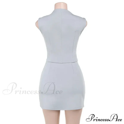 High Neck Solid Top Graceful And Bodycon Mini Skirt Set Two Pieces