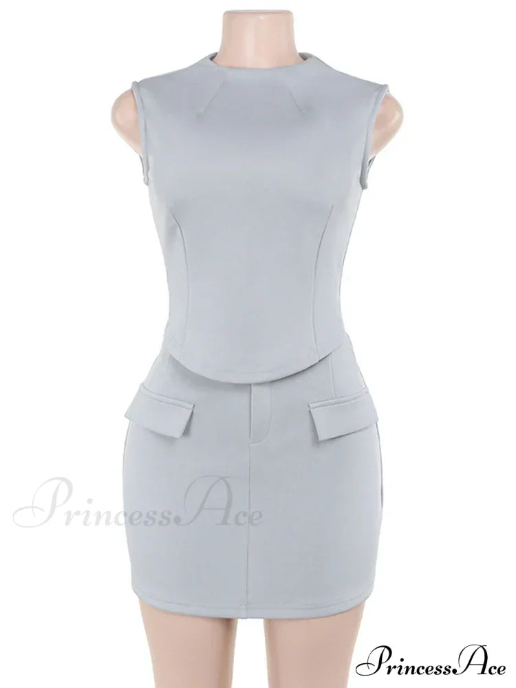 High Neck Solid Top Graceful And Bodycon Mini Skirt Set Two Pieces