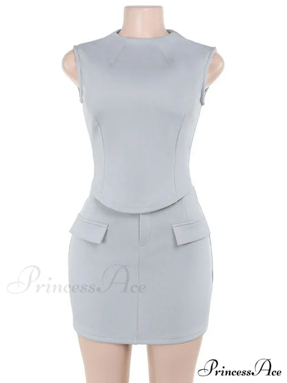 High Neck Solid Top Graceful And Bodycon Mini Skirt Set Two Pieces